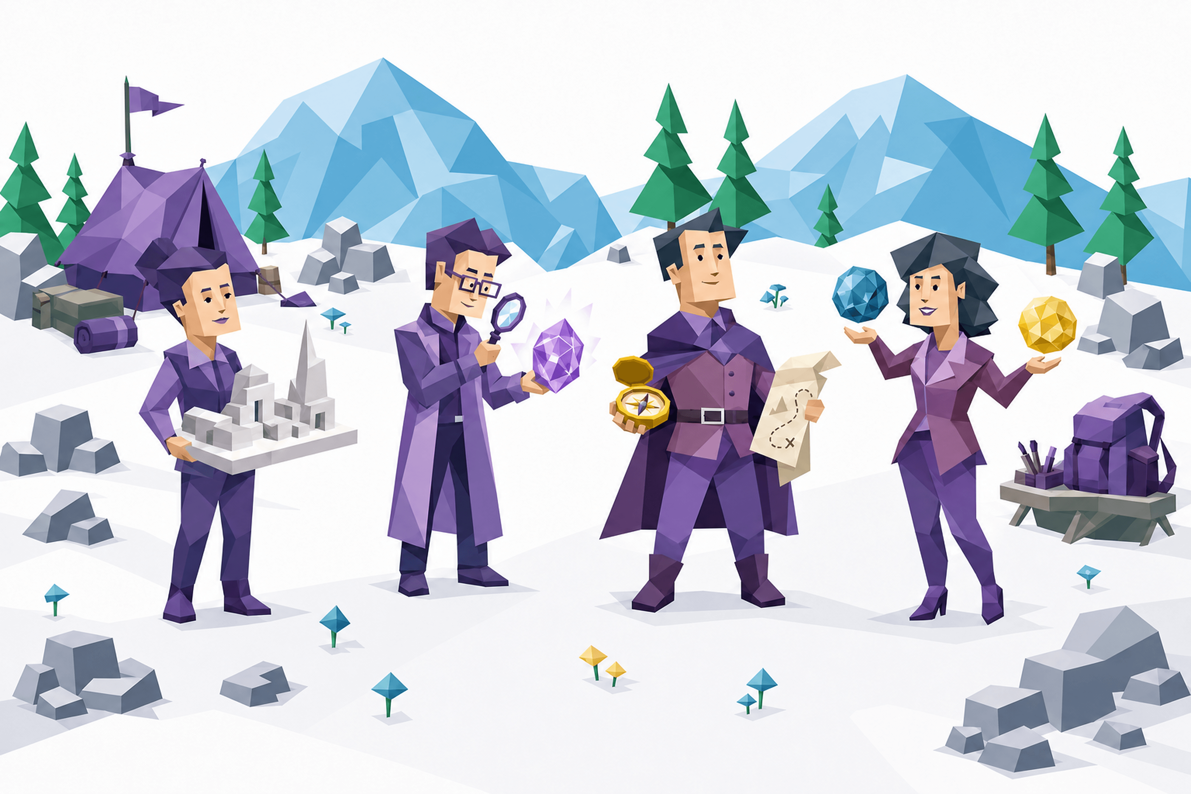 分析家四种人格在雪山营地探索的低多边形插画