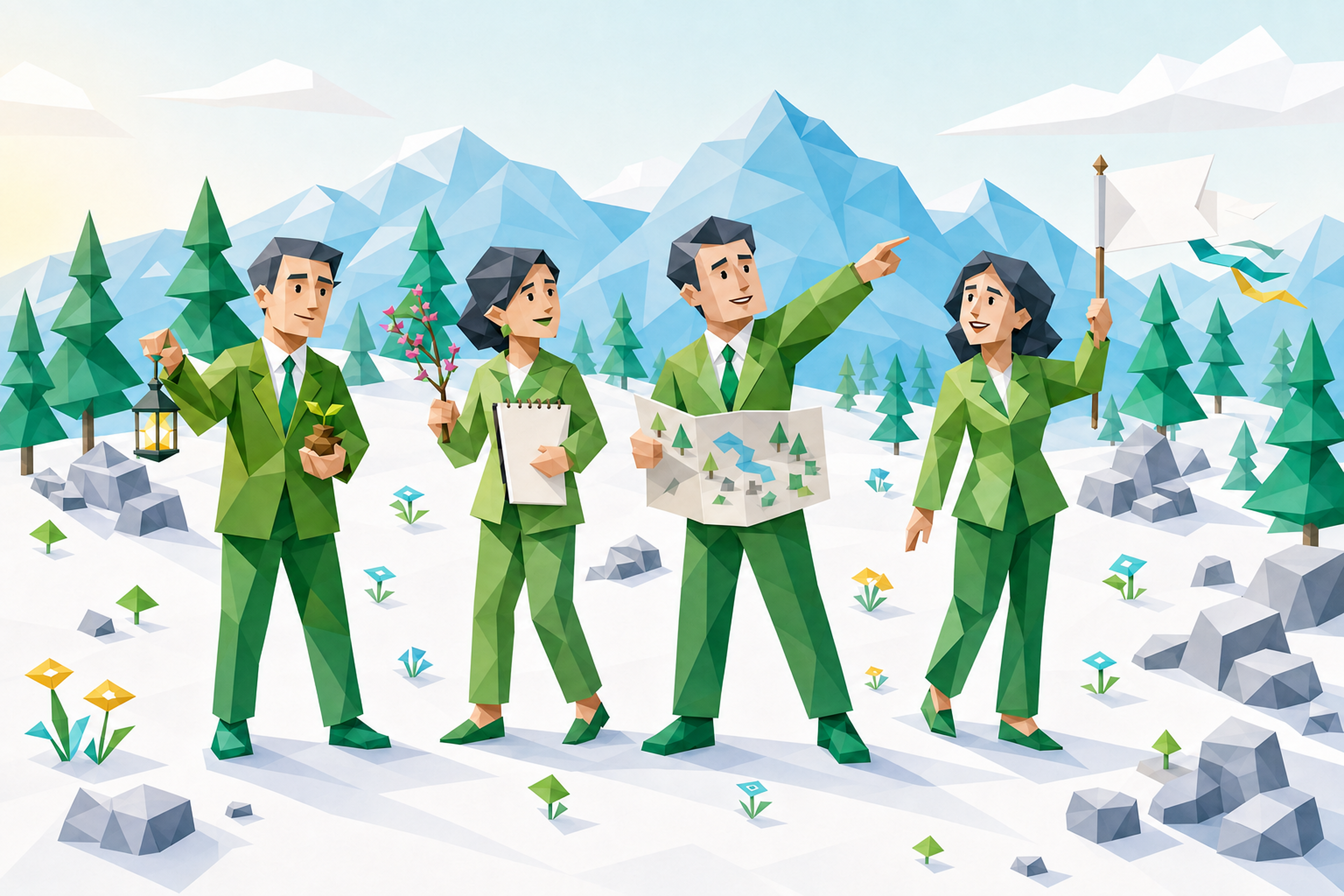 外交家四种人格在雪山营地探索的低多边形插画
