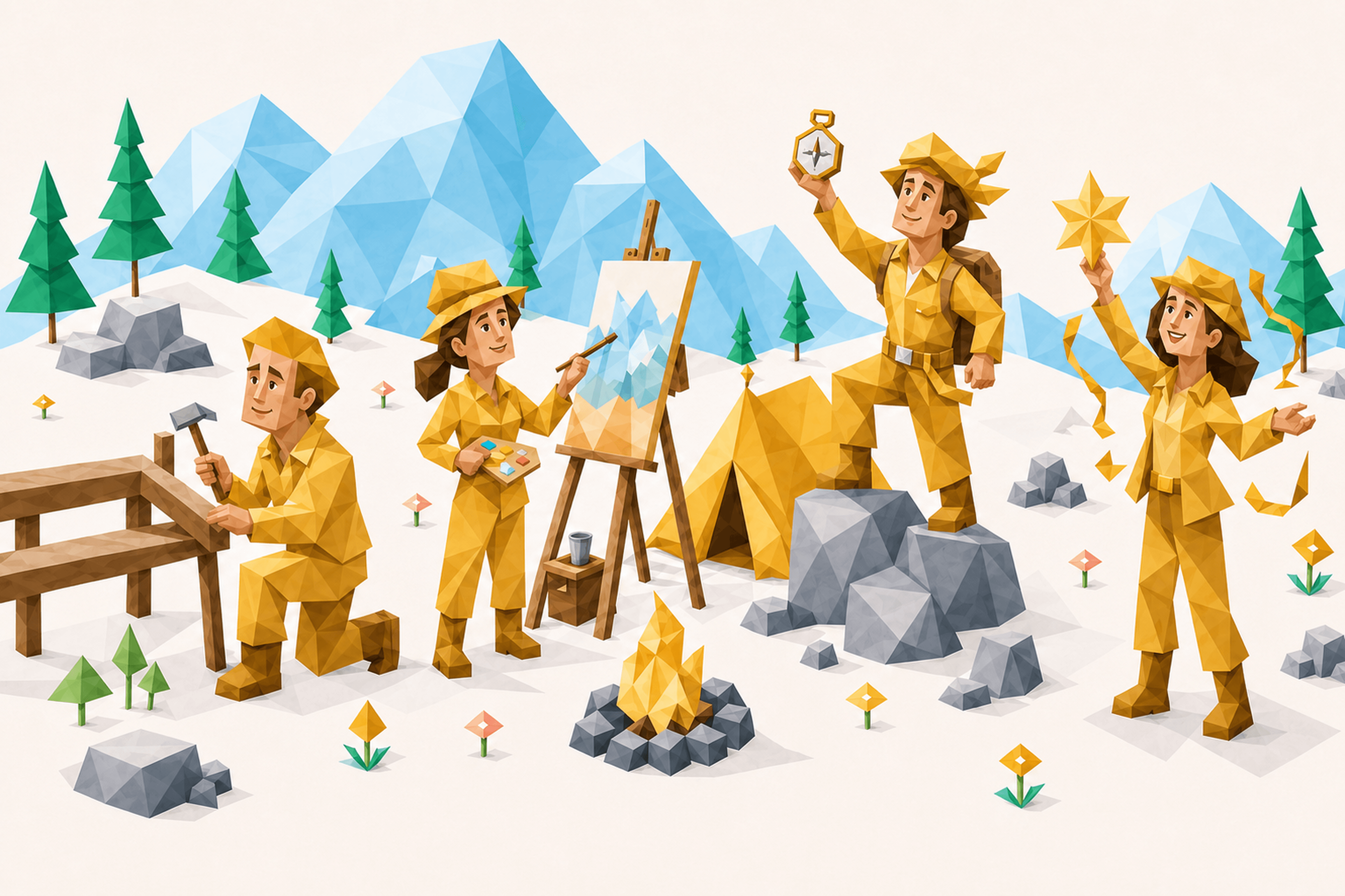 探险家四种人格在雪山营地探索的低多边形插画