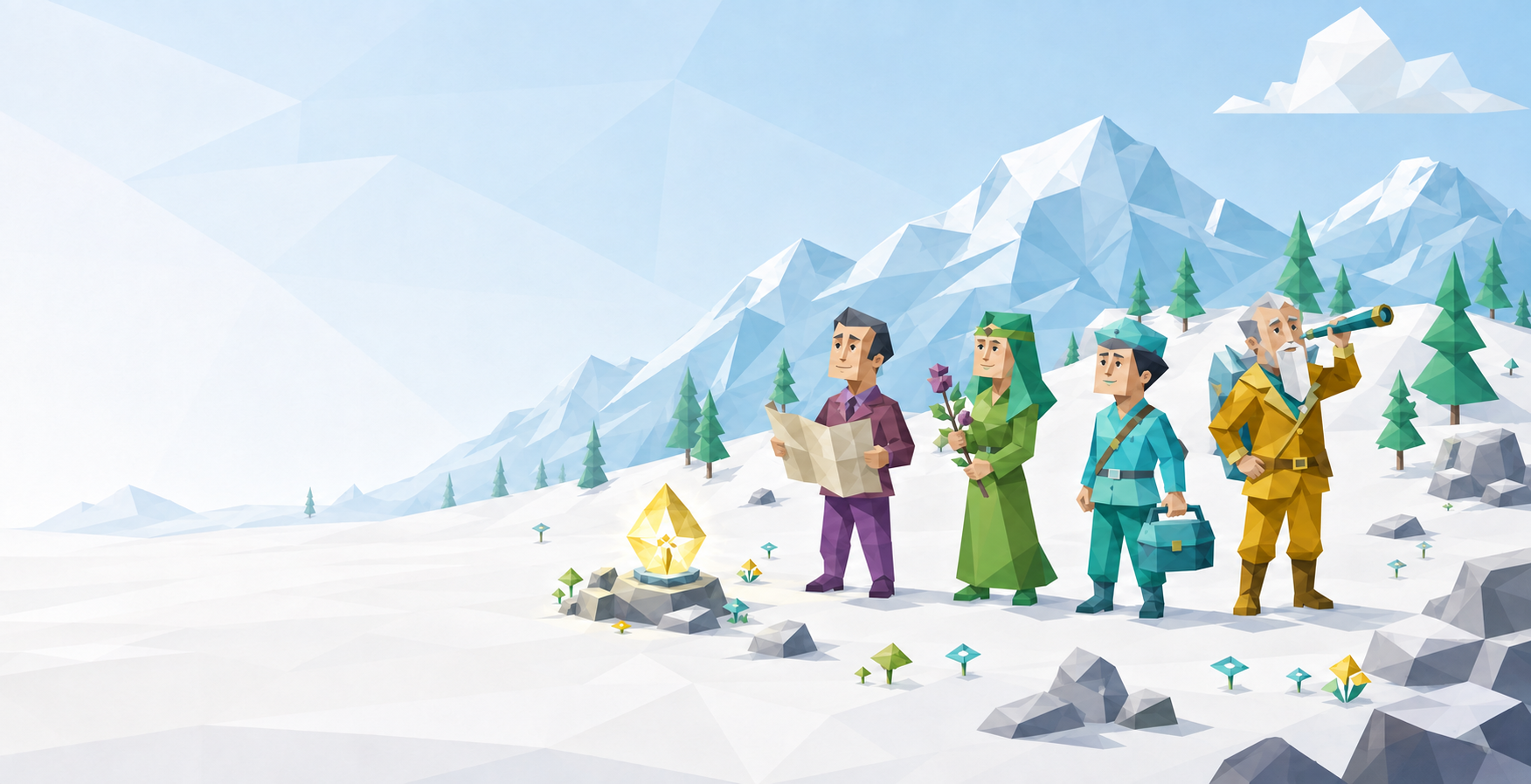 四位人格向导穿越低多边形雪山,寻找发光的性格罗盘
