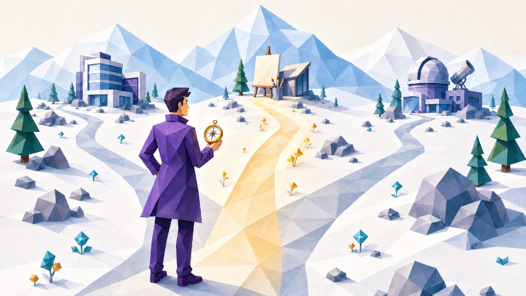 旅人站在雪山三岔路口,手持金色罗盘,面对职场、创作与科研三条道路