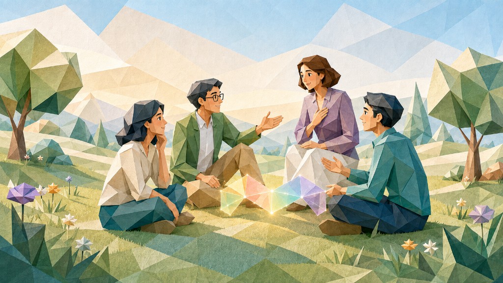 四个人围坐草地,围绕发光的人格连结结构倾谈交流
